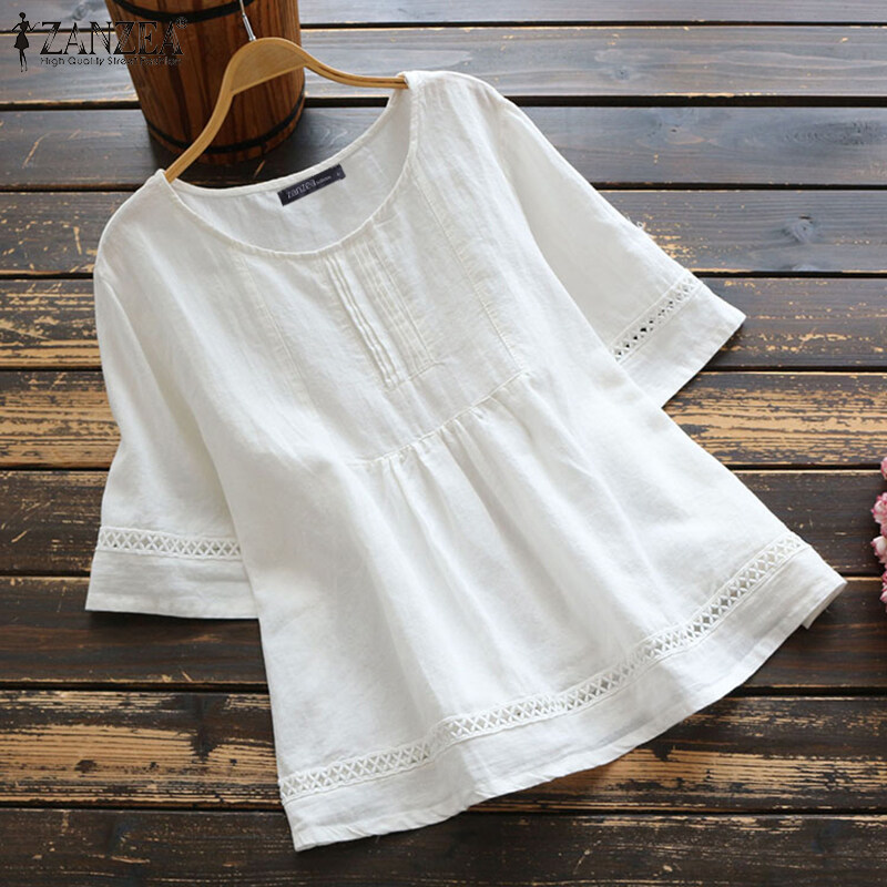 Fancystyle ZANZEA Women Shirt Half Sleeve Hollow Out Tops Blouse Crewneck Baggy Casual Plus